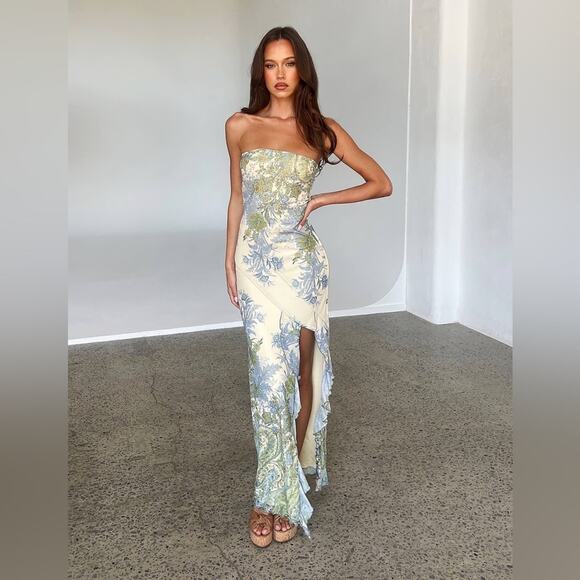 TIGER MIST Theo floral green blue cream ruffle strapless fairy core garden dress - Picture 5 of 13